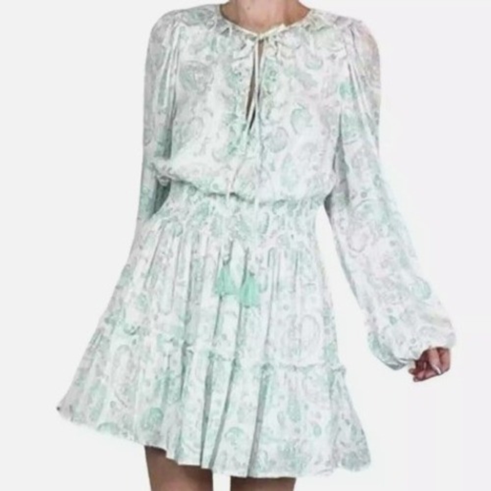 House of Harlow Paisley Long Sleeve Dress Womens M Mint Paisley Boho Smocked